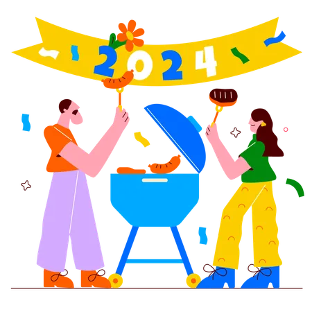 Família jantando churrasco na festa de ano novo  Ilustração