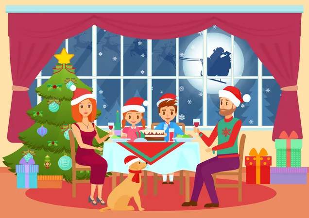 Família jantando de natal  Ilustração