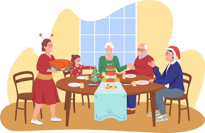 Família jantando de natal juntos  Ilustração