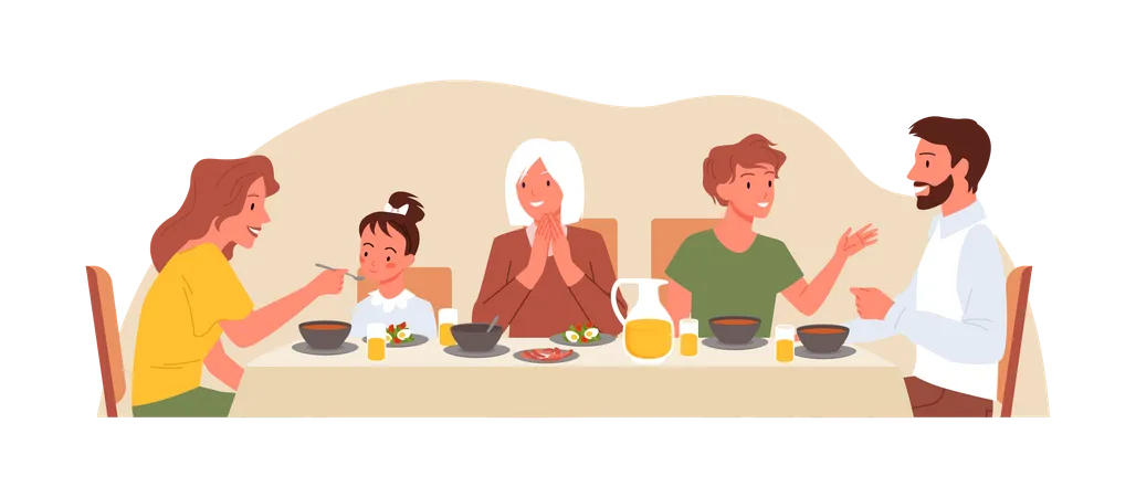 Família jantando juntos em casa  Ilustração