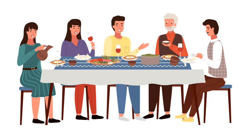 Família jantando juntos na sala de jantar  Ilustração