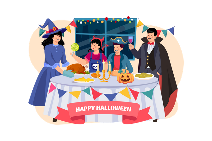 Família jantando juntos no Halloween  Ilustração
