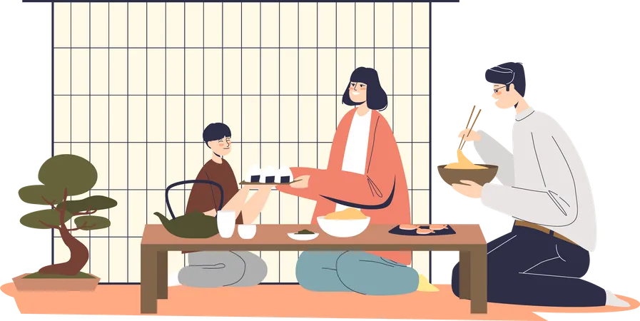 Familia japonesa cenando  Illustration