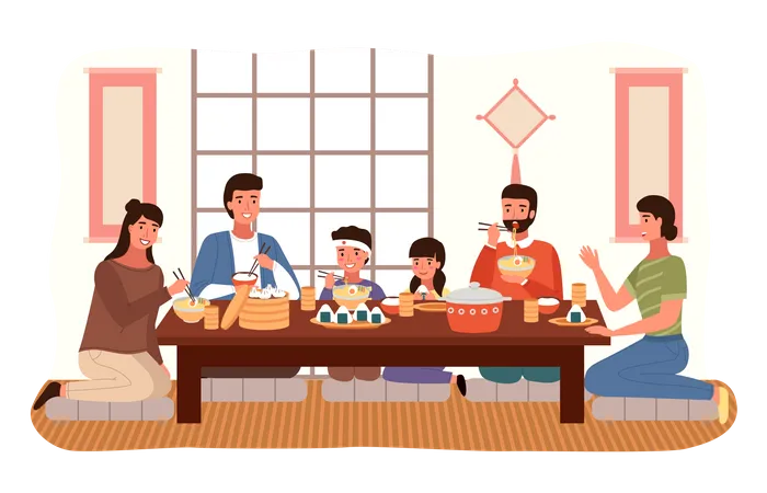 Família japonesa comendo comida juntos  Ilustração