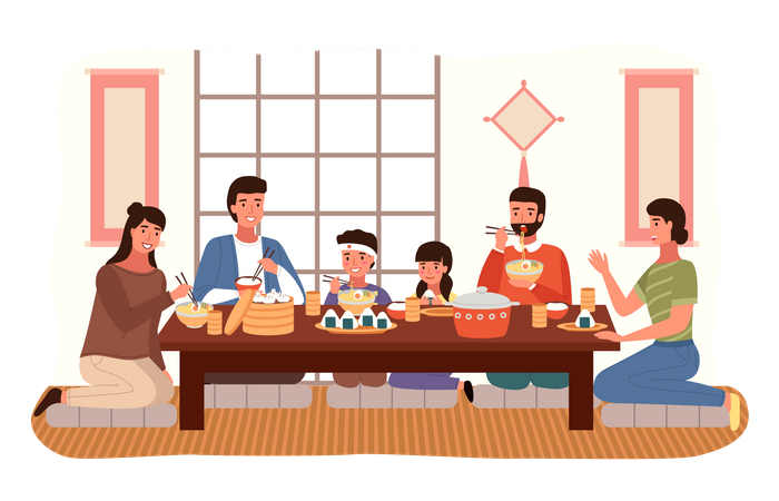 Familia japonesa comiendo juntos  Ilustración