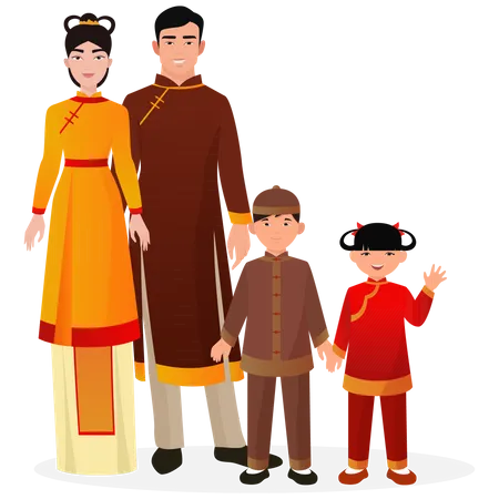 Família japonesa em roupa tradicional  Ilustração