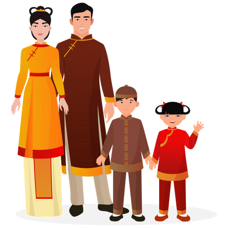 Familia japonesa con traje tradicional  Ilustración