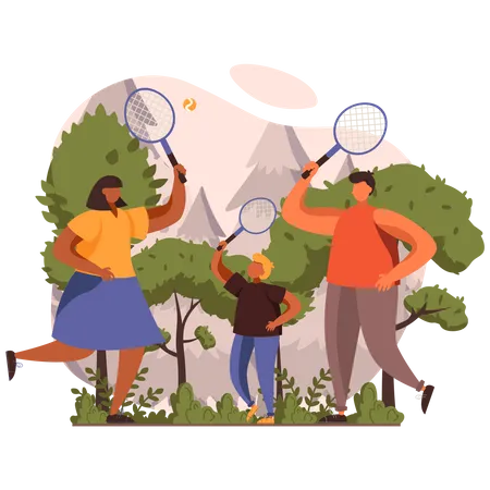 Família jogando badminton juntos  Ilustração