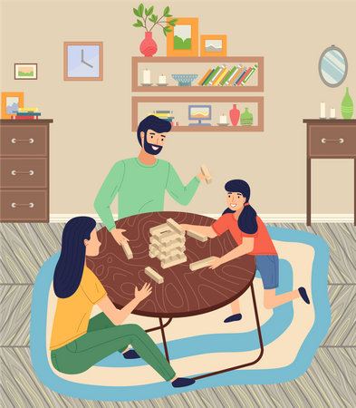 Família jogando jenga sentada no chão no tapete  Ilustração