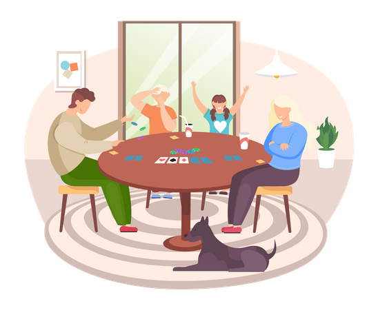 Família jogando jogo de tabuleiro com cartas  Ilustração