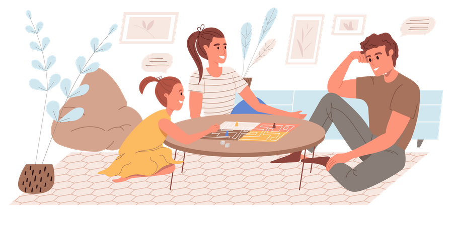 Família jogando jogo de tabuleiro na sala de estar  Ilustração