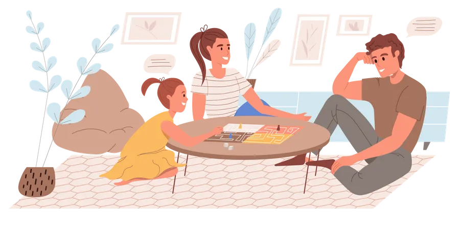 Família jogando jogo de tabuleiro na sala de estar  Ilustração