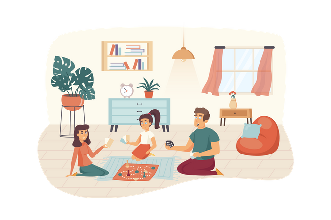 Família jogando jogos de tabuleiro em casa  Ilustração
