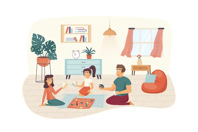 Família jogando jogos de tabuleiro em casa  Ilustração