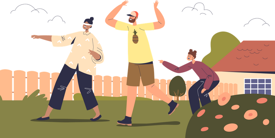 Família jogando no quintal  Ilustração