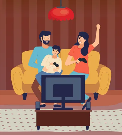 Família jogando videogame em casa  Ilustração