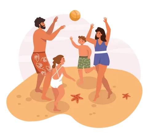 Família jogando vôlei de praia  Ilustração