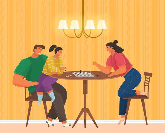 Família jogando xadrez em casa  Ilustração