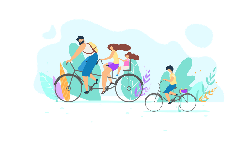Familia joven, andar en bicicleta  Ilustración