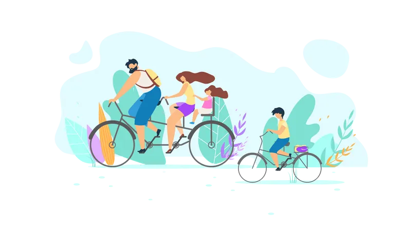 Vector Joven Familia Montando Bicicleta En La Naturaleza Ilustracion Chico Joven Pedaleando Hija Pequena Sosteniendo A Mama Deporte Activo Estilo De Vida Activo Posicion De Vida Estar En Movimiento Entrenamiento En El Aire Ilustración