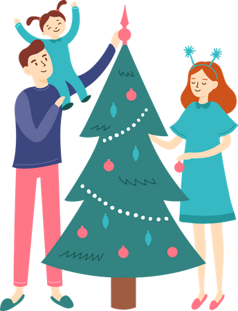 La familia joven decora el árbol de Navidad  Ilustración