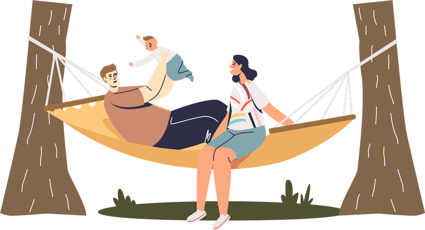 La familia joven se relaja en una hamaca al aire libre en el jardín  Ilustración