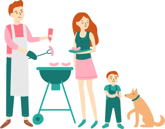 Familia joven haciendo barbacoa juntos  Ilustración