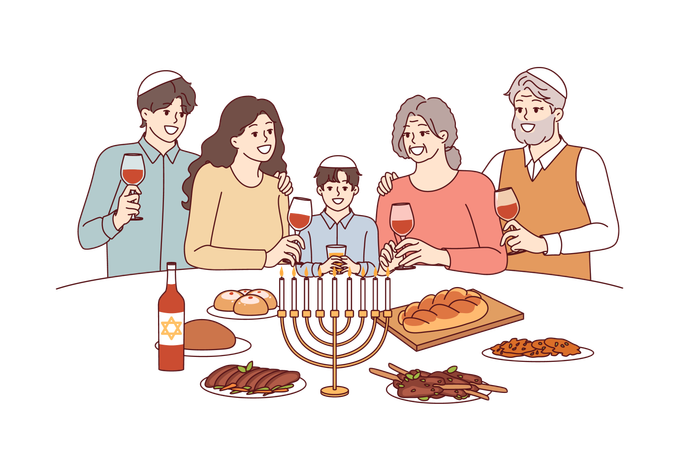 Família judia à mesa festiva com menor  Ilustração