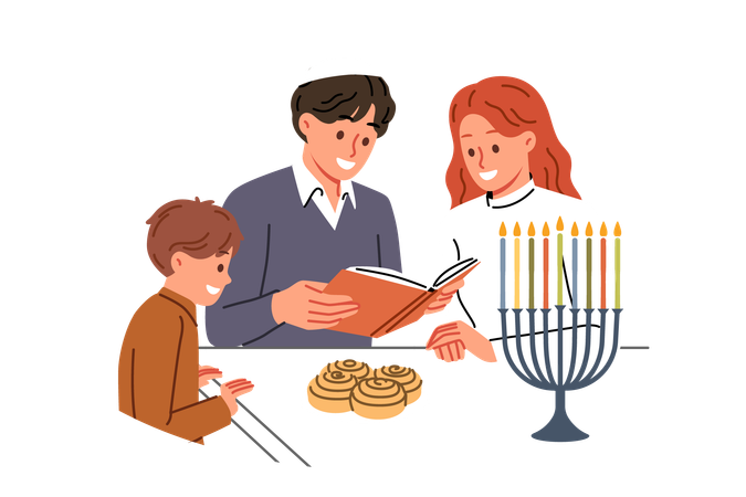 Família judia celebra o dia hanukkah e lê o livro sagrado juntos em pé perto da mesa e dos menores  Ilustração