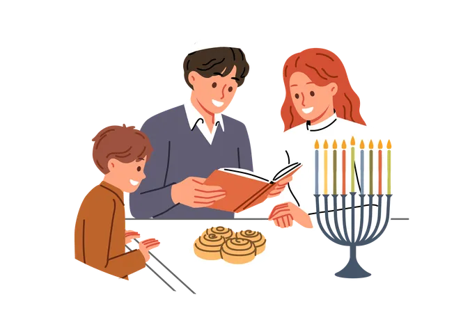 Família judia celebra o dia hanukkah e lê o livro sagrado juntos em pé perto da mesa e dos menores  Ilustração