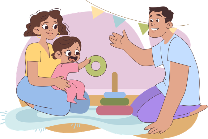 Familia jugando a los anillos piramidales con un niño  Illustration