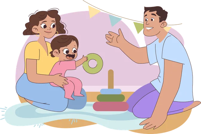 Familia jugando a los anillos piramidales con un niño  Illustration