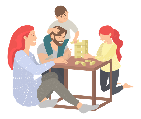 Familia jugando al juego jenga  Ilustración