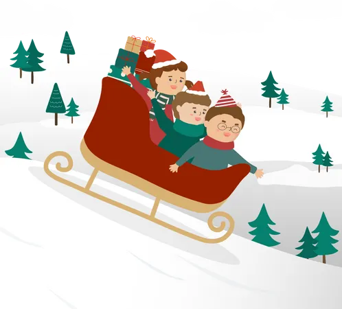 Familia jugando al trineo el día de Navidad. El trineo se desliza colina abajo y lleva muchas cajas de regalo. Hermoso paisaje lleno de pinos. Elemento de diseño para tarjeta de invitación, Año Nuevo, Navidad, sitio web  Ilustración