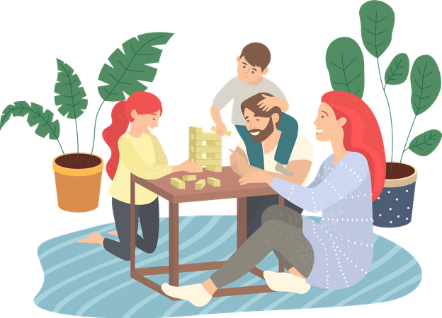 Familia jugando Jenga sentado en el suelo  Ilustración