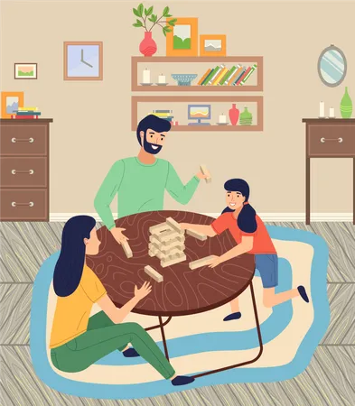 Familia jugando juego de jenga sentado en el suelo sobre la alfombra  Ilustración
