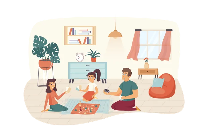 Familia jugando juegos de mesa en casa  Ilustración