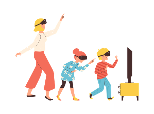 Familia jugando videojuegos con gafas de realidad virtual  Ilustración