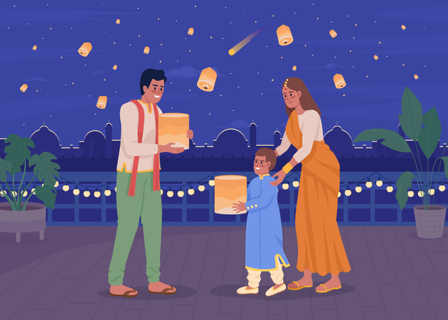 Família lança lanternas celestes no Diwali  Ilustração