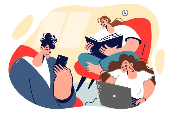 Família lendo livros on-line  Ilustração