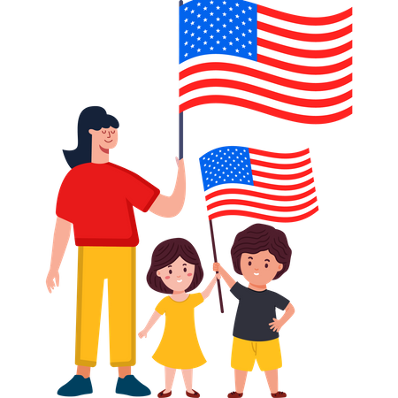Unidos pela família do patriotismo segurando a bandeira dos EUA  Ilustração
