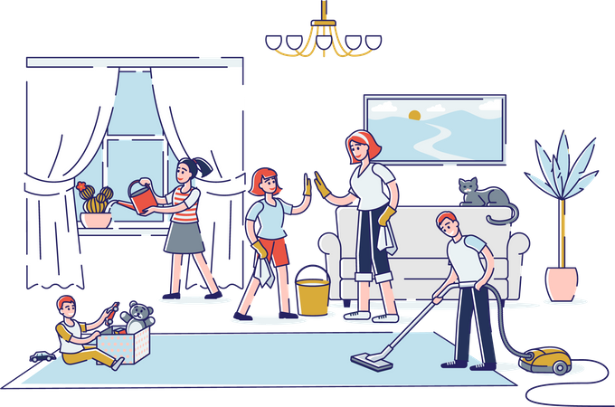 Família limpando casa juntos  Ilustração