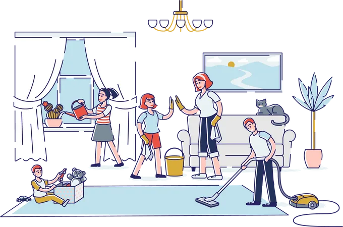 Família limpando casa juntos  Ilustração