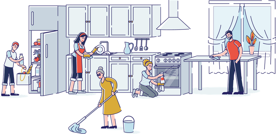 Família limpando cozinha juntos  Ilustração