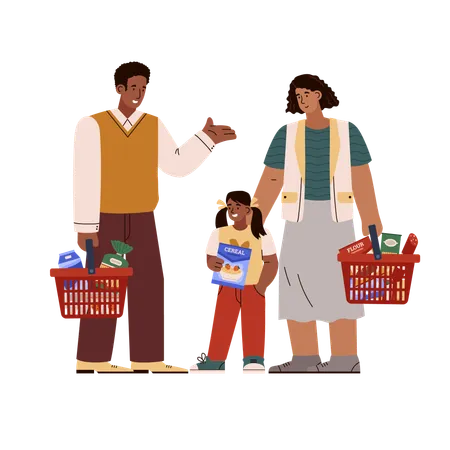 Familia llena cestas con alimentos caros  Ilustración