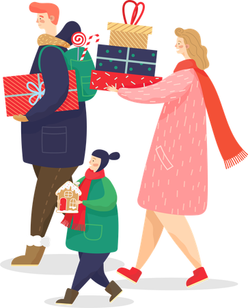 Familia llevando cajas de regalos y galletas como regalo  Ilustración