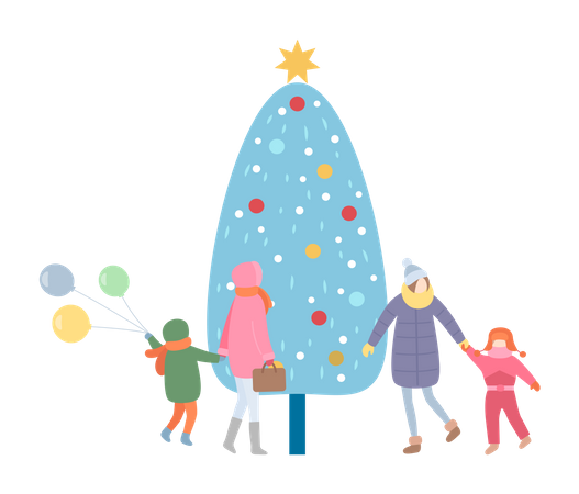 Madre de familia y niño caminando junto al árbol de Navidad  Ilustración