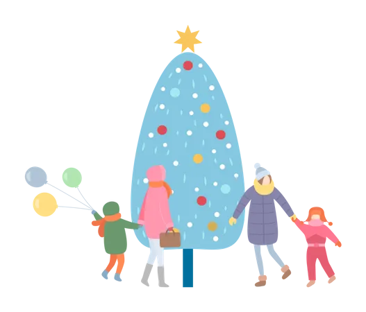 Madre de familia y niño caminando junto al árbol de Navidad  Ilustración