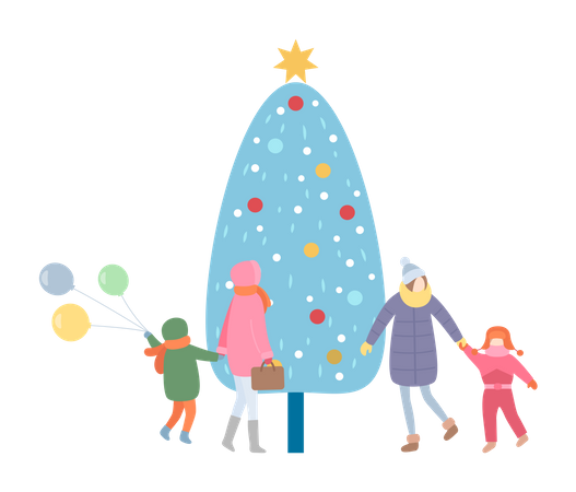 Família, mãe e criança passando pela árvore de Natal  Ilustração