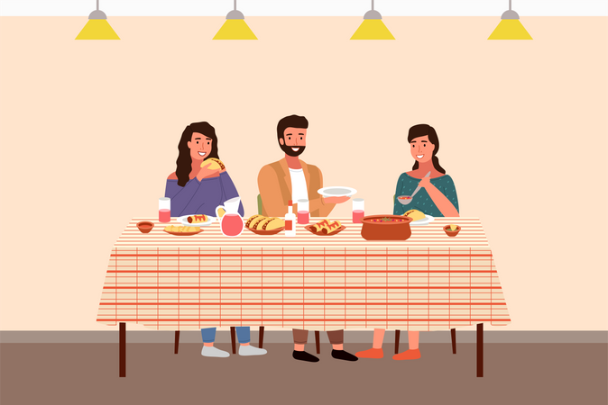 Família mexicana comendo refeição de taco  Ilustração